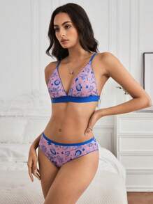 The Wizard of Oz X SHEIN 2 件女士舒适粉色和蓝色印花文胸和内裤内衣套装 - 粉色 - 查看 3