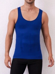 Men's Solid Color Seamless Textured Shapewear Tank Top - Blue - View 4