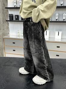 SHEIN Quần Jeans Đen Rộng Rãi Thiết Kế Đường Phân Chia Stonewashed Thời Trang Đường Phố Cho Bé Trai, Giản Dị Và Đa Năng Cho Quần Áo Thu/Đông Cho Bé Trai - màu đen - Xem 6