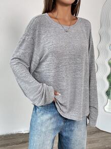 SHEIN EZwear 女款休閒純色針織露背綁帶長袖寬鬆上衣 - 灰色 - 查看 5