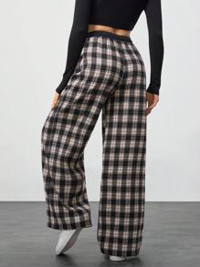 SHEIN Tall Contrast Color Black And White Plaid Versatile Casual Texture Design Loose Trousers - Black and White - View 2