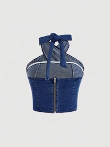 SHEIN MOD Plus Size Denim Halter Crop Top, Stretchy Blue - Medium Wash - View 2