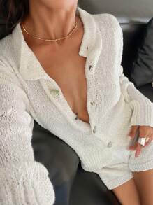 SHEIN Frenchy Bộ 2 áo len cardigan tay dài một hàng khuy đơn màu trơn cho nữ và quần short dệt kim, dành cho mùa thu - trắng - Xem 5