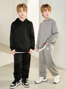 SHEIN Leap Crew 4pcs Tween Boy Casual Hoodie And Sweatpants Set, Spring/Summer/Autumn/Winter - Grey - View 1
