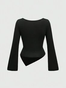 ROMWE Plus Size Women Y2K Fashionable Sexy Plunging Neck Asymmetrical Hem Long Sleeve T-Shirt, Solid Color Versatile Undershirt For Autumn/Winter - Black - View 2