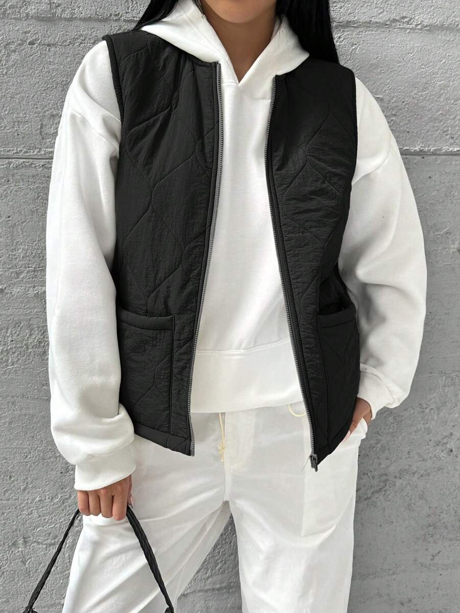 SHEIN Essnce 女士纯色圆领拉链背心，秋冬，秋季女士，秋季服装，秋季女士服装，冬季服装，拉链夹克， - 黑色 - 查看 1