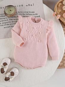 SHEIN Bodys con suéter de punto para bebé niña, en color cálido caqui con mangas cortas, con textura de pompones, de tela elástica, apropiado para el hogar, vacaciones, viajes, otoño/invierno - Rosa - Ver 1
