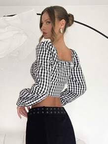 Calvaya Puff Sleeve Cropped Plaid Shirt, Casual Autumn