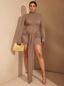 SHEIN BAE Vestido mini ajustado de Body con cuello alto, manga larga, cintura con lazo y volantes, de tela transparente y color camello, talla grande para mujer - Marrón - Ver 3