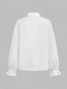 SHEIN Essnce Áo sơ mi nữ tay dài xếp ly đơn hàng khuy cài nút cổ điển thường ngày màu trắng trơn màu dành cho nữ Áo sơ mi nữ Áo cánh nữ Áo sơ mi Lễ Tạ ơn, Mùa thu - trắng - Xem 2