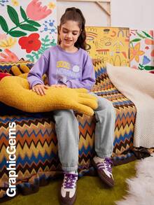 Bộ đồ thường ngày 2 món in khẩu hiệu cổ tròn trễ vai cho bé gái tuổi mới lớn, mùa thu - Nhiều màu - Xem 5