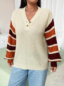 Flirla Große Größen Beliebter Pullover für Damen mit Farbblockstreifen und Knöpfen, Rundhalsausschnitt und Langarm, geeignet zum Layering oder als Oberbekleidung, für Zuhause und Outdoor-Anlässe