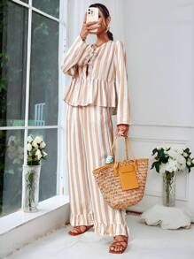 SHEIN VCAY 2pcs/Set Women's Autumn/Winter Ruffle Hem Long Sleeve Shirt And Elastic Waist Striped Palazzo Pants Vacation Outfit,Coffee Day,2pcs/Set Women Casual Tie Bow Suit,Women Fall Sets,Commuter Casual Workplace Office Style Striped,Fall Women,Office Wear Women Set,Women Tops And Straight Leg Trousers Women Clothing Sets,Vest Outfit Sets,Women Fall Sets - Multicolor - View 5
