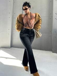 SHEIN ICON 大码性感弹力喇叭洗水喇叭牛仔裤，街头风格 - 深色水洗藍 - 查看 4