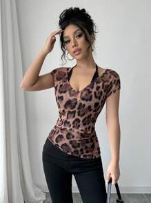Chiquease V-Neck Leopard Print Ruffle Trim Short Sleeve Casual T-Shirt - Brown - View 1