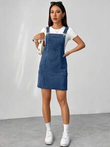 Flirla Women's Simple Casual Summer Corduroy Suspender Dress With Dual Pockets - Blue - View 5