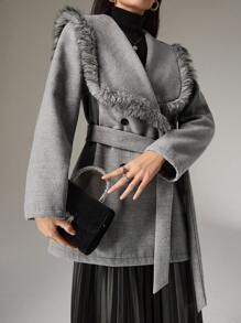 Modelyn Women's Autumn Casual Teddy Collar Patchwork Double-Breasted Overcoat - Grey - View 2