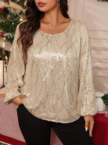 SHEIN Clasi Áo sơ mi nữ cổ tròn đính sequin thời trang, thích hợp mặc trong các dịp Halloween, Giáng sinh, Năm mới, Lễ hội Trung Quốc, Ngày lễ tình nhân, Tiệc/Sự kiện Lễ Tạ ơn, Cỡ lớn, Mùa thu - màu đen - Xem 4