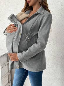 SHEIN 3-In-1 Pregnancy Fluffy Trimmed Kangaroo Hooded Long Sleeve Coat, Jacket For Winter, For Maternity - Grey - View 10