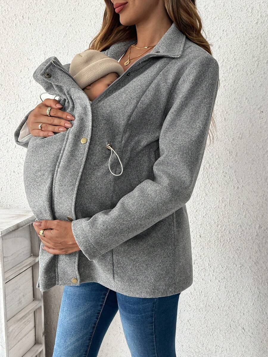 SHEIN 3In1 Pregnancy Faux Fur Trimmed Kangaroo Hooded Woollen Coat