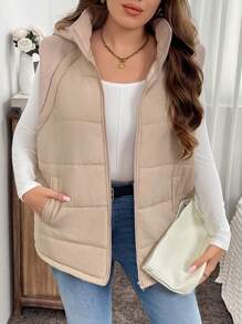 SHEIN LUNE Áo khoác không tay có mũ, màu trơn, có khóa kéo và túi, cỡ lớn, thích hợp mặc dịp Lễ Tạ ơn, Năm mới, Mùa đông, Áo khoác mùa đông cho nữ ... - Màu be - Xem 5