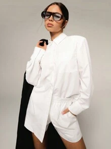 Athîral Autumn/Winter 2pcs Set Women Casual Solid Color Long Sleeve Shirt And Shorts,