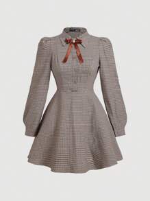 SHEIN MOD Plus Size Retro Collegiate Plaid Print V-Neck Midi Dress - Brown - View 1