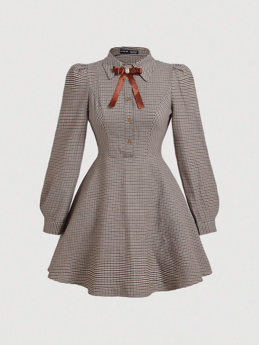 SHEIN MOD Plus Size Retro Collegiate Plaid Print V-Neck Midi Dress - Brown - View 1