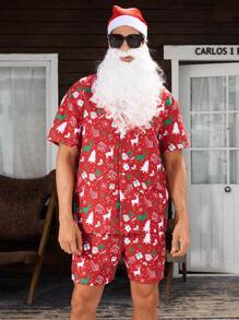 Manfinity VDAYZ Men's Christmas Tree Print Short Sleeve Shirt And Shorts Beach Suit Set