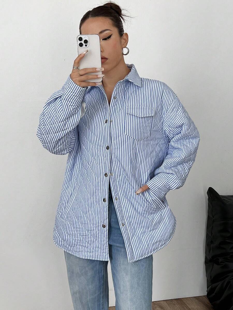 SHEIN Unity 条纹休闲宽松夹棉常规夹克，秋冬 - 藍色 - 查看 1