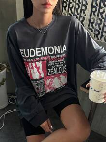DAZY Women's Casual Loose Figure & Slogan Print Round Neck Long Sleeve T-Shirt, Autumn,Graphic Tees