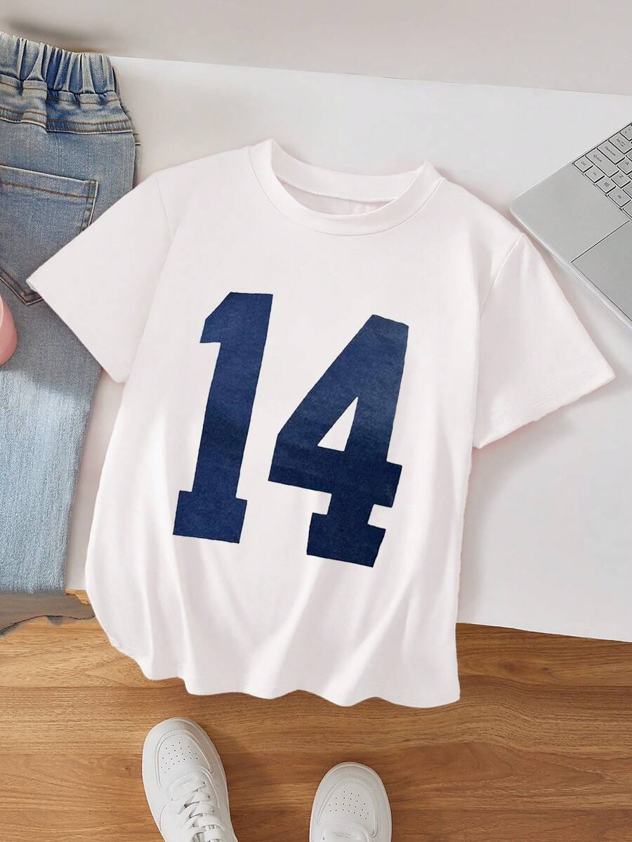 Tween Girls Numeric Print Round Neck Casual Short Sleeve T-Shirt - White - View 1