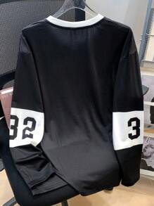 SHEIN 青少年男孩街头风格字母图案圆领长袖超大 T 恤，经济实惠，可搭配裤子、运动裤、夹克、飞行员夹克、纽扣衬衫、白色慢跑裤、赛车裤 - 黑色 - 查看 2