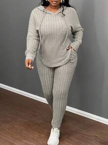 Slaydiva Set de 2 piezas Conjunto de sudadera con capucha elástica acanalada de terciopelo verde oliva y pantalones jogger de talla grande, para otoño/invierno