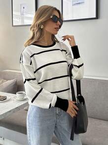EURMUSE Women Stripe Pattern Round Neck Drop Shoulder Pullover - White - View 2