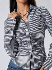 LYSMO Women's Casual Long Sleeve Striped Ruched Blouse For Spring & Summer