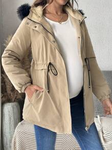 SHEIN Maternity Winter Pregnant Women Long Sleeve Coat, Hooded Button Outerwear - Brown - View 8