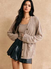 Poéselle Knitted Set, Elegant Ladies Cardigan And Knitted Vest Two-Piece Set, Light And Soft Knitted Fabric, Winter Wear, Christmas Gift, Christmas Warm Women's Clothing, Brown Set, Brown Vest,2024 AW - Khaki - View 5