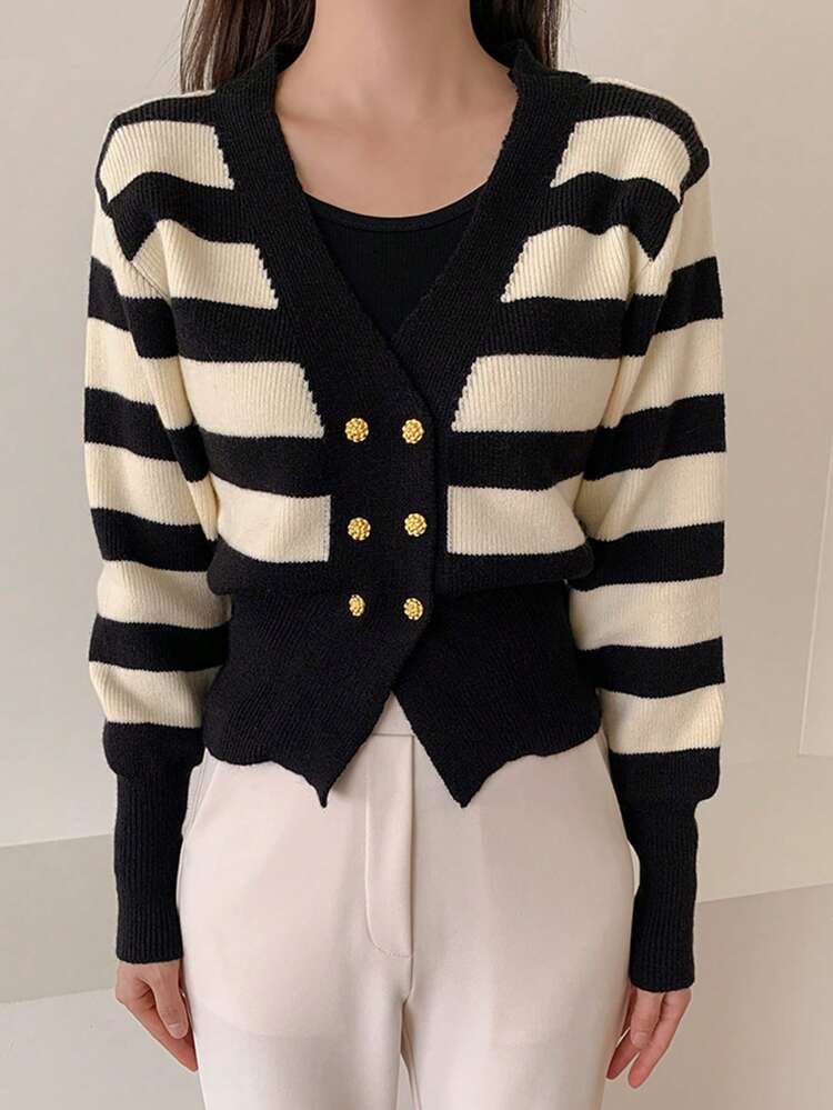 Women Contrast Color Patchwork Striped Dual-Hemline Elegant Cardigan Sweater,Fall Clothes