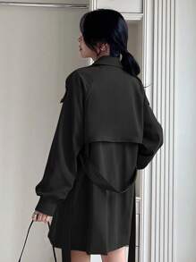 DAZY Solid Color Lapel Belt Women Trench Coat,Fall Clothes Women Jacket - Black - View 2