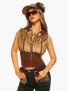 ROMWE J-Fashion Y2K 秋冬 Shibuya Gyaru 毛绒撞色毛绒开衫背心 女款