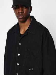 SUMWON Cropped Long Sleeve Denim Shirt With Embossed Pocket Detail - Black - View 4