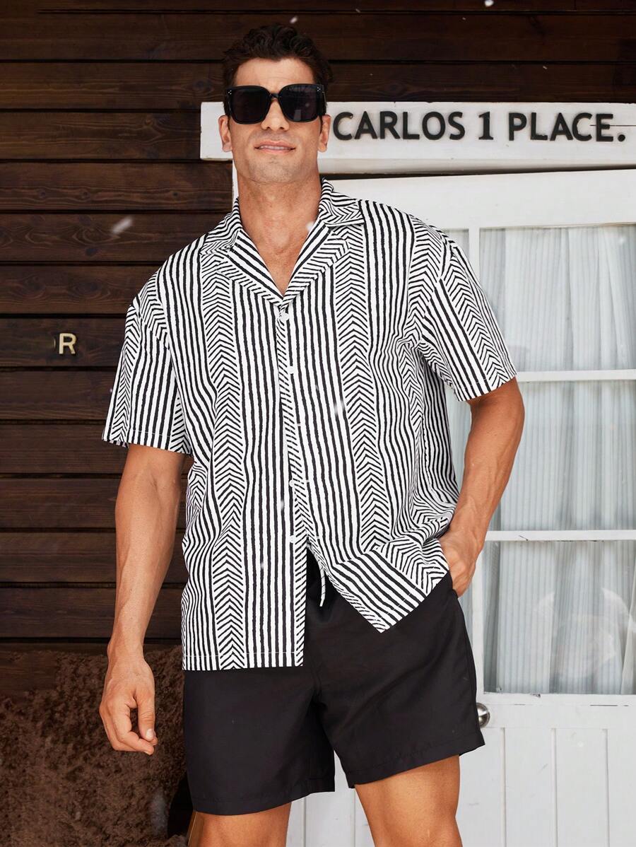 Horizaway 男士全印花翻领短袖衬衫和抽绳腰短裤沙滩装，夏季