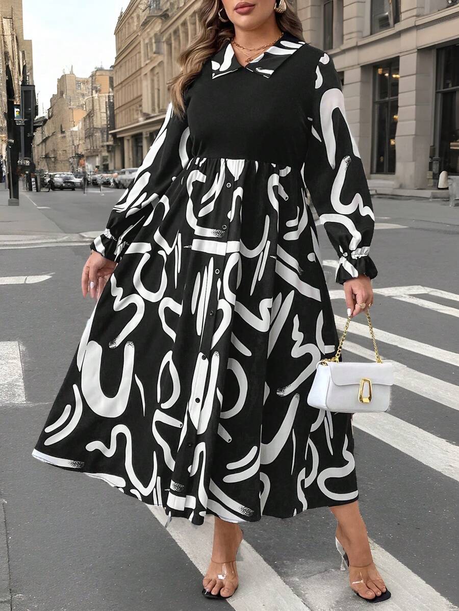 SHEIN Unity Vestido de manga larga con cuello vuelto, parches de punto acanalado y estampado, talla grande - Multicolor - Ver 1