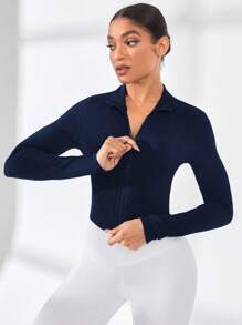 Easithlete Easithlete 1 pieza Chaqueta deportiva de manga larga con cuello alto, cierre de cremallera y ajuste ceñido de unicolor - Azul Marino - Ver 4