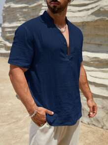 HIMLAND Men Casual Solid Notched Neck Half Button Blue Shirt, Old Money - Royal Blue - View 7