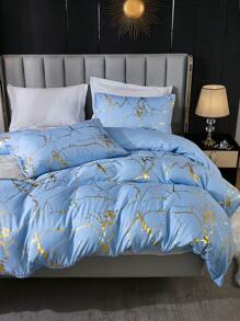 蓝色和金色床上用品套装 白金金属大理石羽绒被套 3 件套 铝箔印花闪光床上用品套装 带 2 个枕套 柔软超细纤维轻质透气棉被套 适合所有季节 1 个羽绒被套 2 个枕套 无棉被内芯