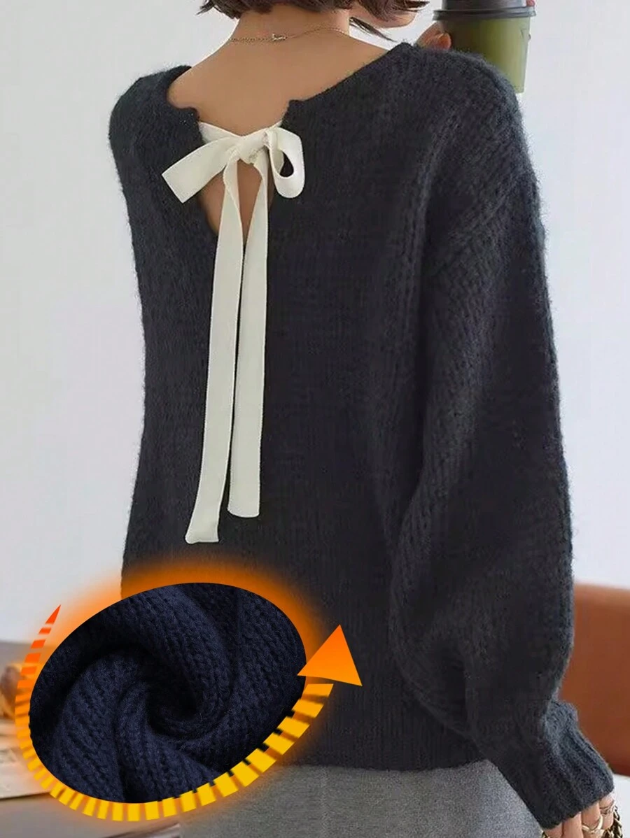女士休闲露背蝴蝶结抓绒毛衣，秋冬季，保暖内衬 - 藏蓝色 - 查看 1