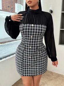 Celure Plus Size Plaid Print Button Collar Elegant Long Sleeve Dress