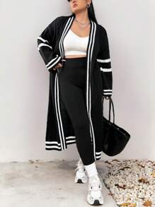 Elenzga Cárdigan largo informal de talla grande con bloques de color y rayas, otoño/invierno - Negro - Ver 6